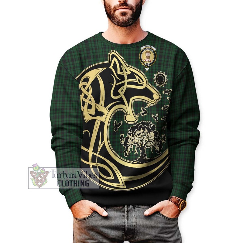 Menzies Green Tartan Sweatshirt with Family Crest Celtic Wolf Style