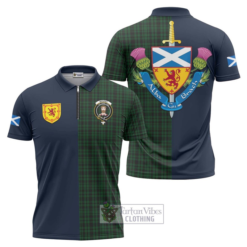 Menzies Green Tartan Zipper Polo Shirt Alba with Scottish Lion Royal Arm Half Style