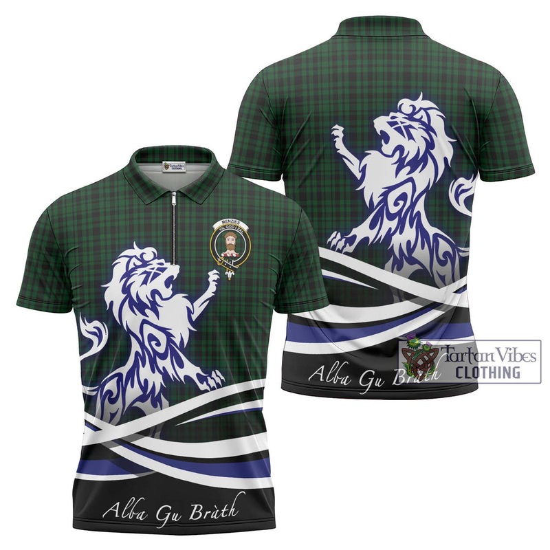 Menzies Green Tartan Zipper Polo Shirt with Alba Gu Brath Regal Lion Emblem