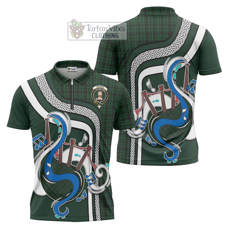 Menzies Green Tartan Zipper Polo Shirt with Epic Bagpipe Style