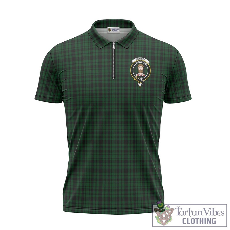 Menzies Green Tartan Zipper Polo Shirt with Family Crest