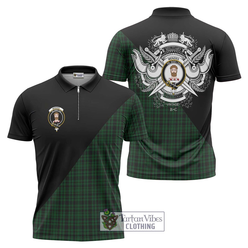 Menzies Green Tartan Zipper Polo Shirt with Family Crest and Military Logo Style