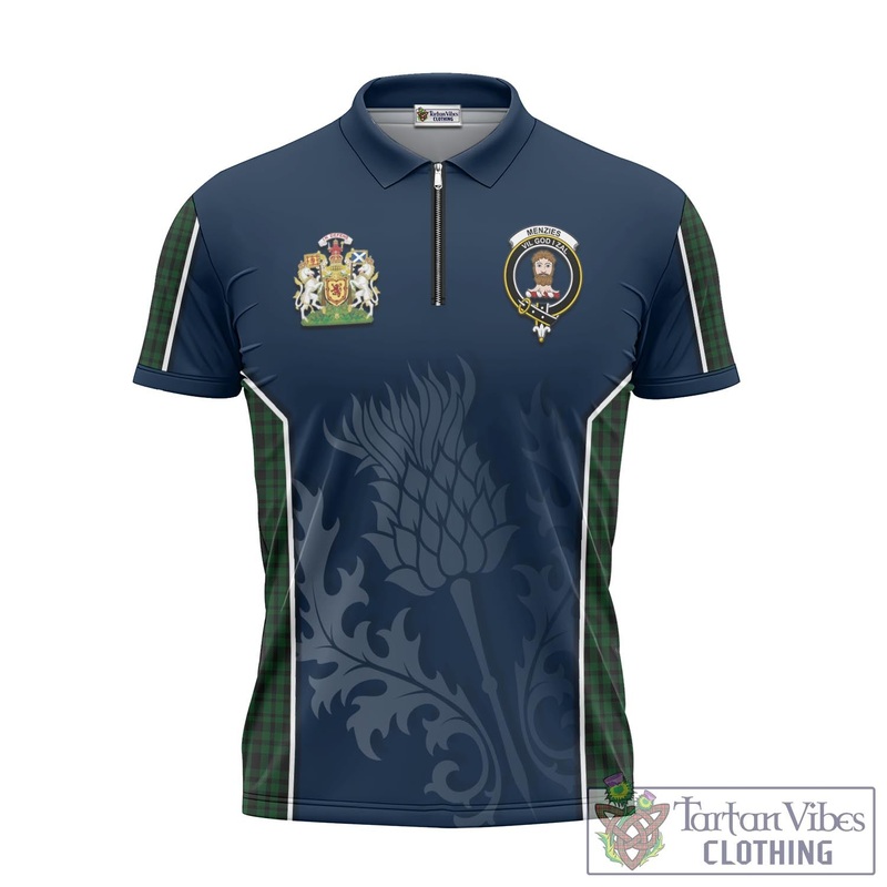 Menzies Green Tartan Zipper Polo Shirt with Family Crest and Scottish Thistle Vibes Sport Style