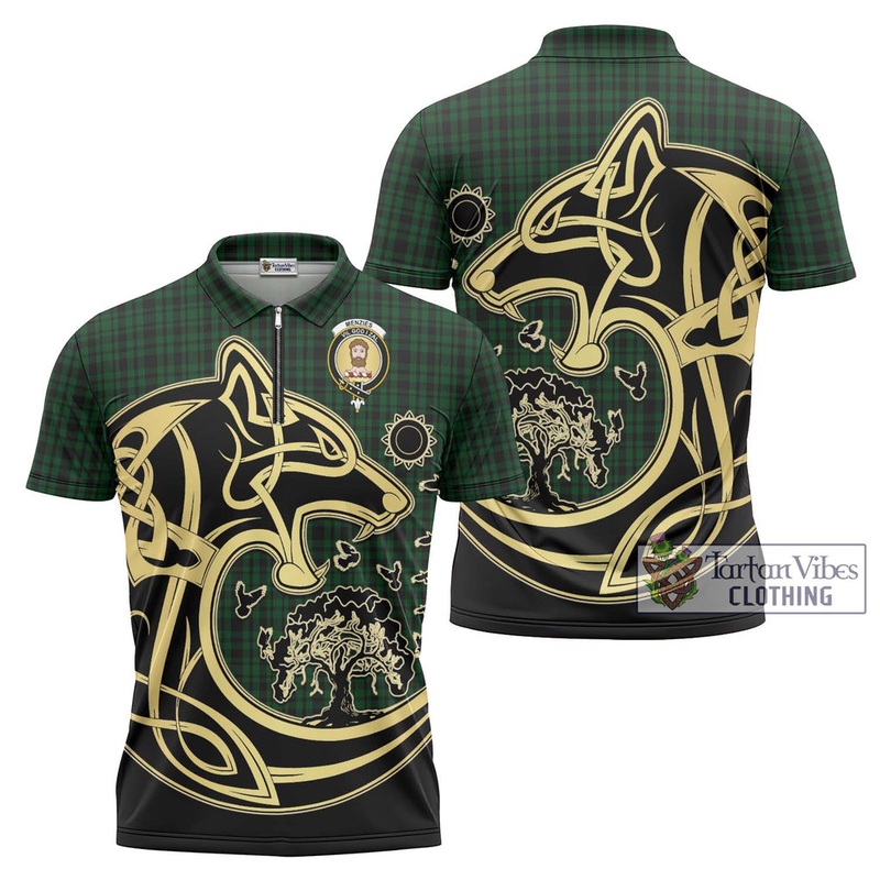 Menzies Green Tartan Zipper Polo Shirt with Family Crest Celtic Wolf Style