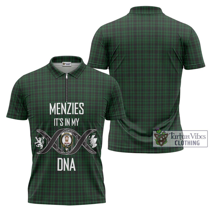 Menzies Green Tartan Zipper Polo Shirt with Family Crest DNA In Me Style
