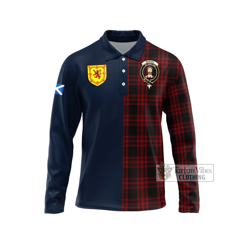 Menzies Hunting Tartan Long Sleeve Polo Shirt Alba with Scottish Lion Royal Arm Half Style