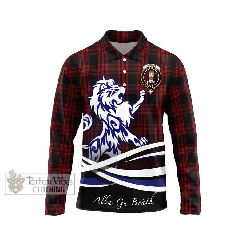 Menzies Hunting Tartan Long Sleeve Polo Shirt with Alba Gu Brath Regal Lion Emblem