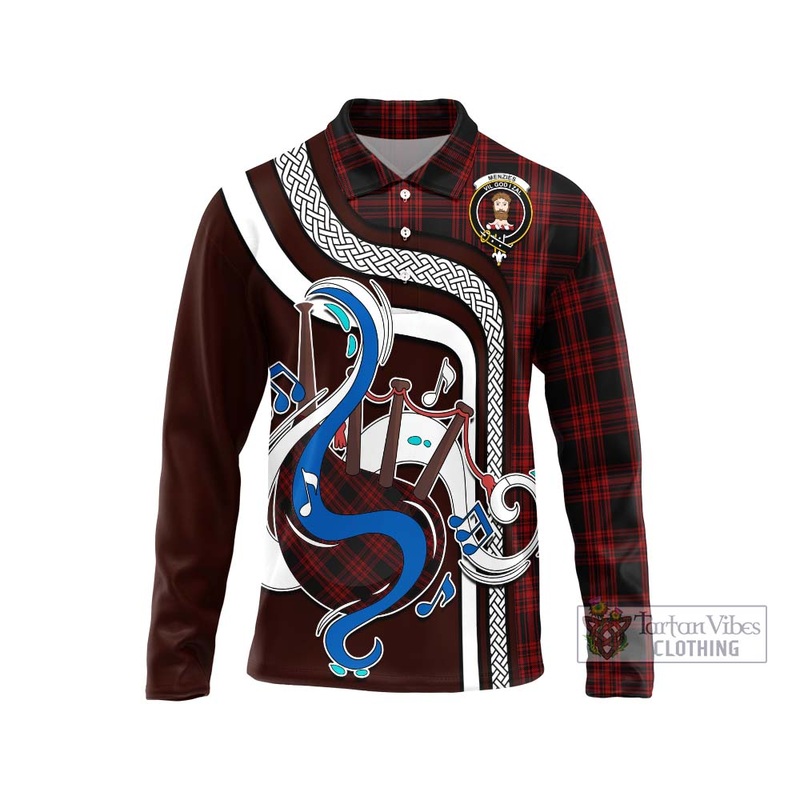 Menzies Hunting Tartan Long Sleeve Polo Shirt with Epic Bagpipe Style