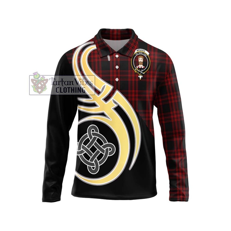 Menzies Hunting Tartan Long Sleeve Polo Shirt with Family Crest and Celtic Symbol Style
