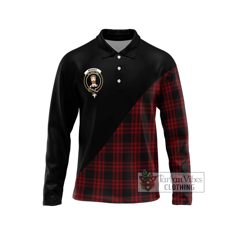 Menzies Hunting Tartan Long Sleeve Polo Shirt with Family Crest and Military Logo Style