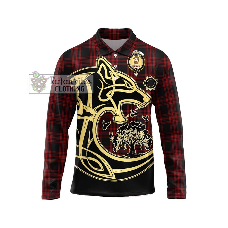 Menzies Hunting Tartan Long Sleeve Polo Shirt with Family Crest Celtic Wolf Style