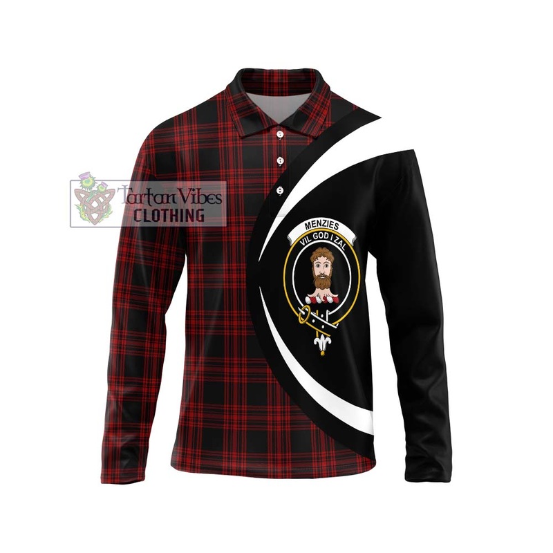 Menzies Hunting Tartan Long Sleeve Polo Shirt with Family Crest Circle Style