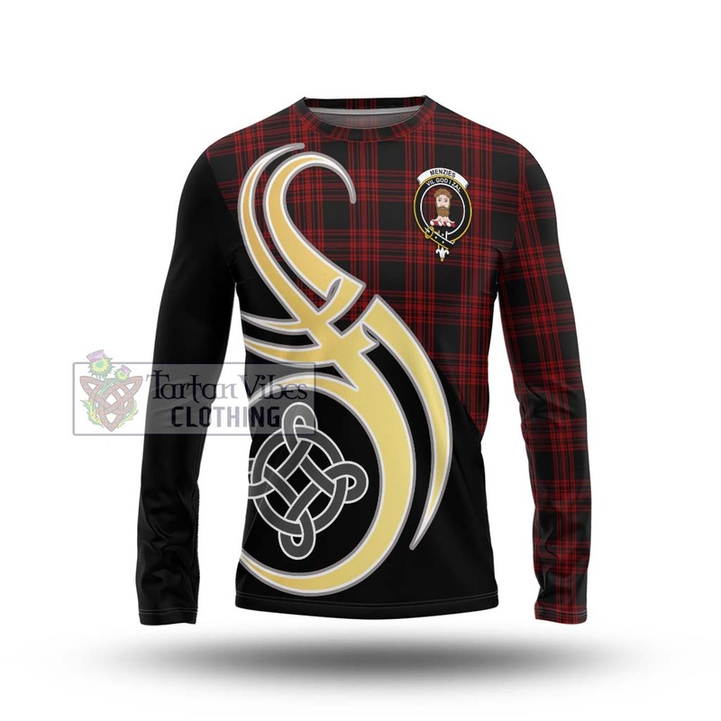 Menzies Hunting Tartan Long Sleeve T-Shirt with Family Crest and Celtic Symbol Style