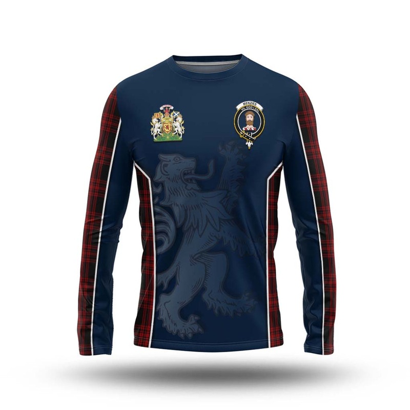 Menzies Hunting Tartan Long Sleeve T-Shirt with Family Crest and Lion Rampant Vibes Sport Style
