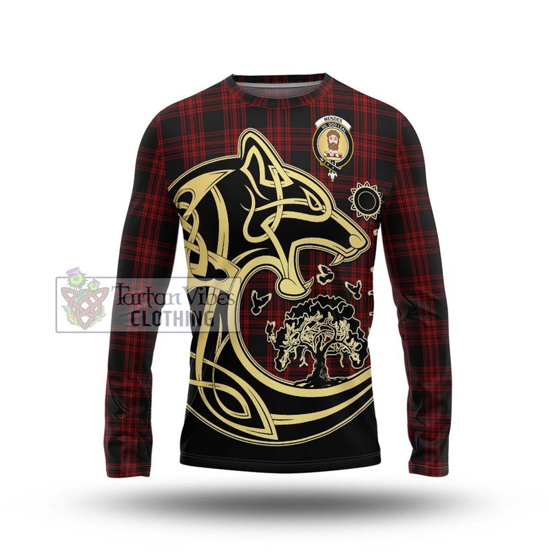 Menzies Hunting Tartan Long Sleeve T-Shirt with Family Crest Celtic Wolf Style