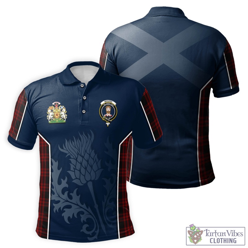 Menzies Hunting Tartan Men's Polo Shirt with Family Crest and Scottish Thistle Vibes Sport Style