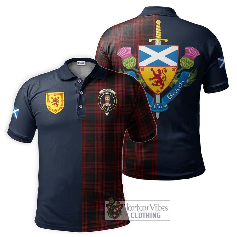 Menzies Hunting Tartan Polo Shirt Alba with Scottish Lion Royal Arm Half Style