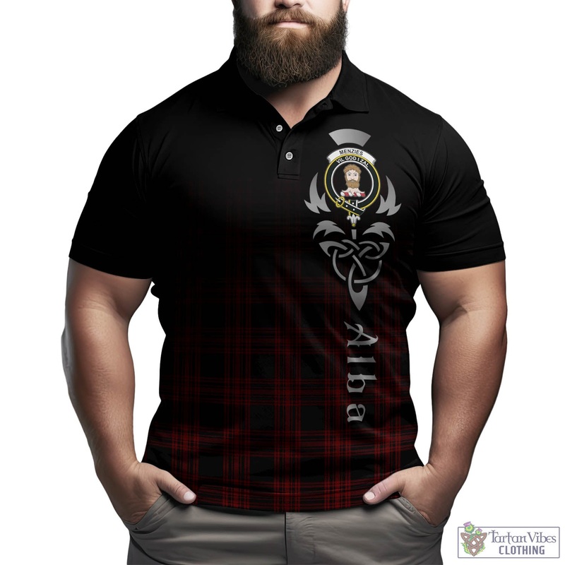 Menzies Hunting Tartan Polo Shirt Featuring Alba Gu Brath Family Crest Celtic Inspired