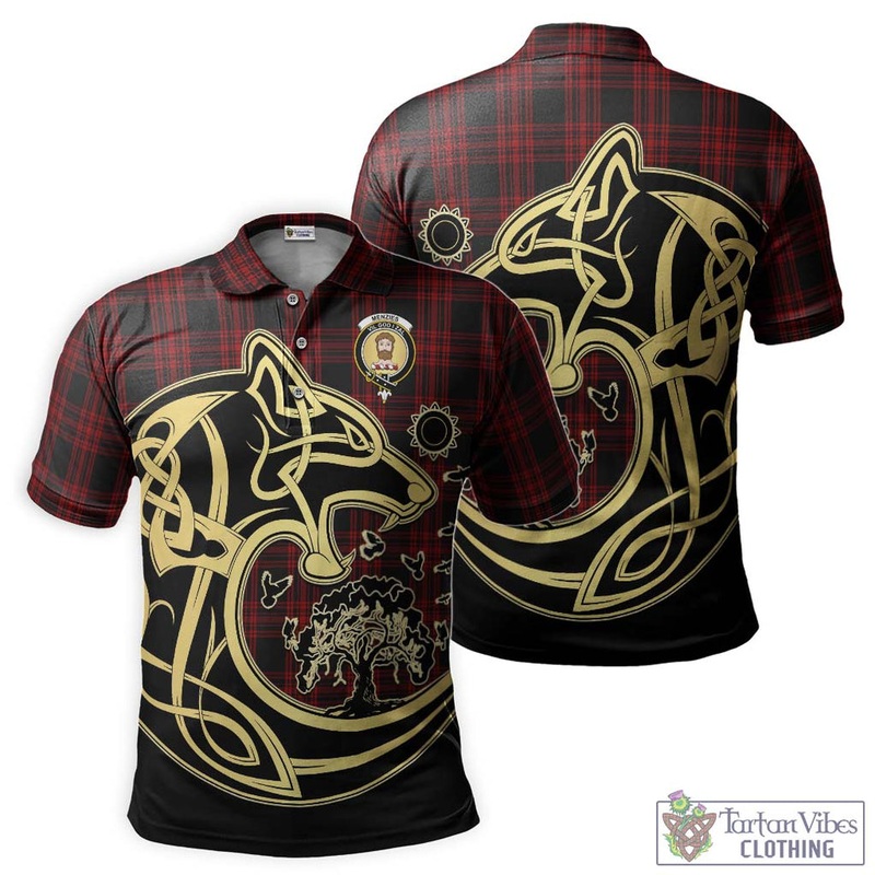 Menzies Hunting Tartan Polo Shirt with Family Crest Celtic Wolf Style