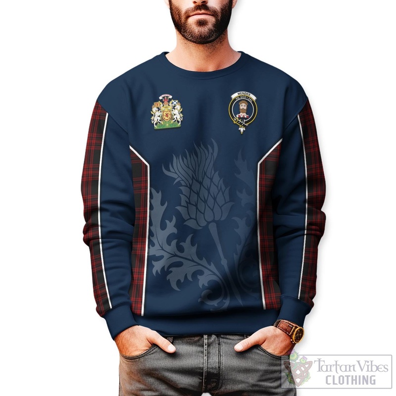Menzies Hunting Tartan Sweatshirt with Family Crest and Scottish Thistle Vibes Sport Style