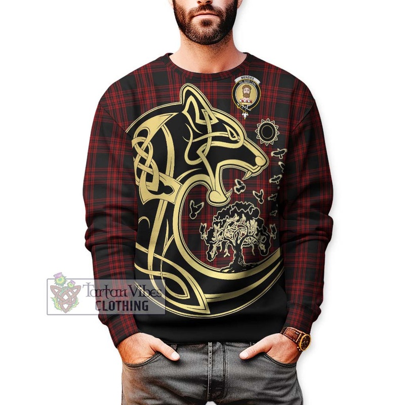 Menzies Hunting Tartan Sweatshirt with Family Crest Celtic Wolf Style