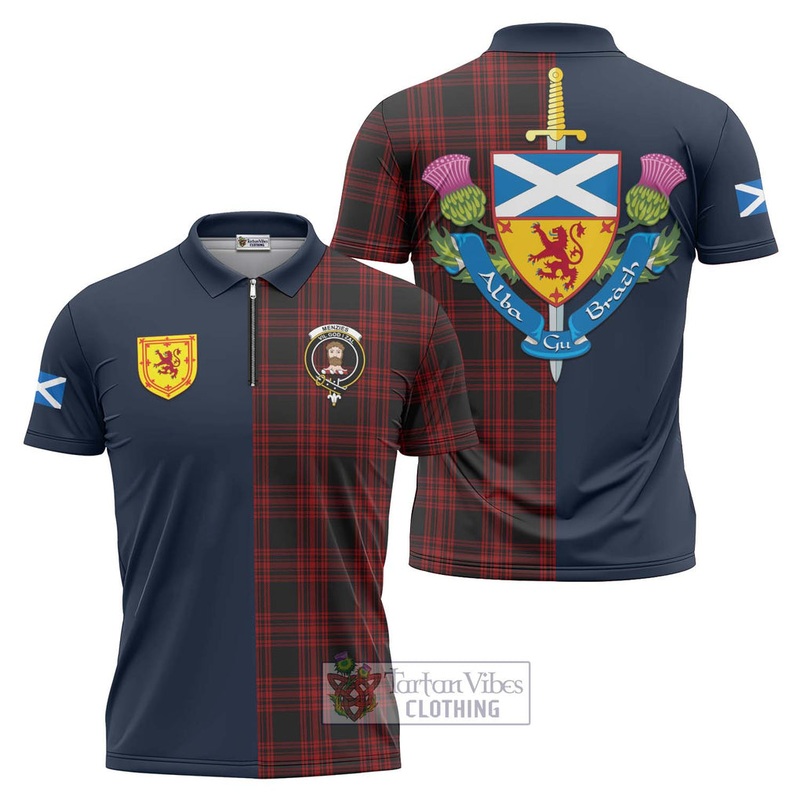 Menzies Hunting Tartan Zipper Polo Shirt Alba with Scottish Lion Royal Arm Half Style