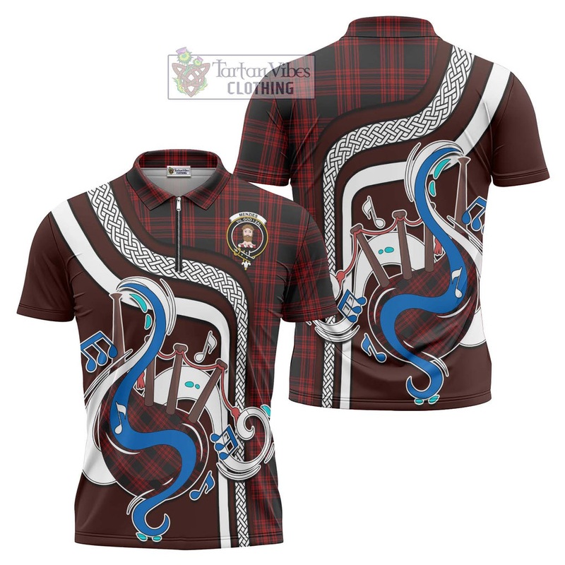 Menzies Hunting Tartan Zipper Polo Shirt with Epic Bagpipe Style