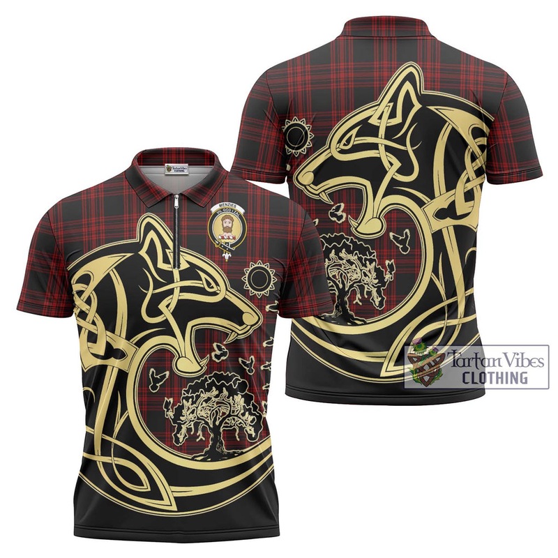 Menzies Hunting Tartan Zipper Polo Shirt with Family Crest Celtic Wolf Style