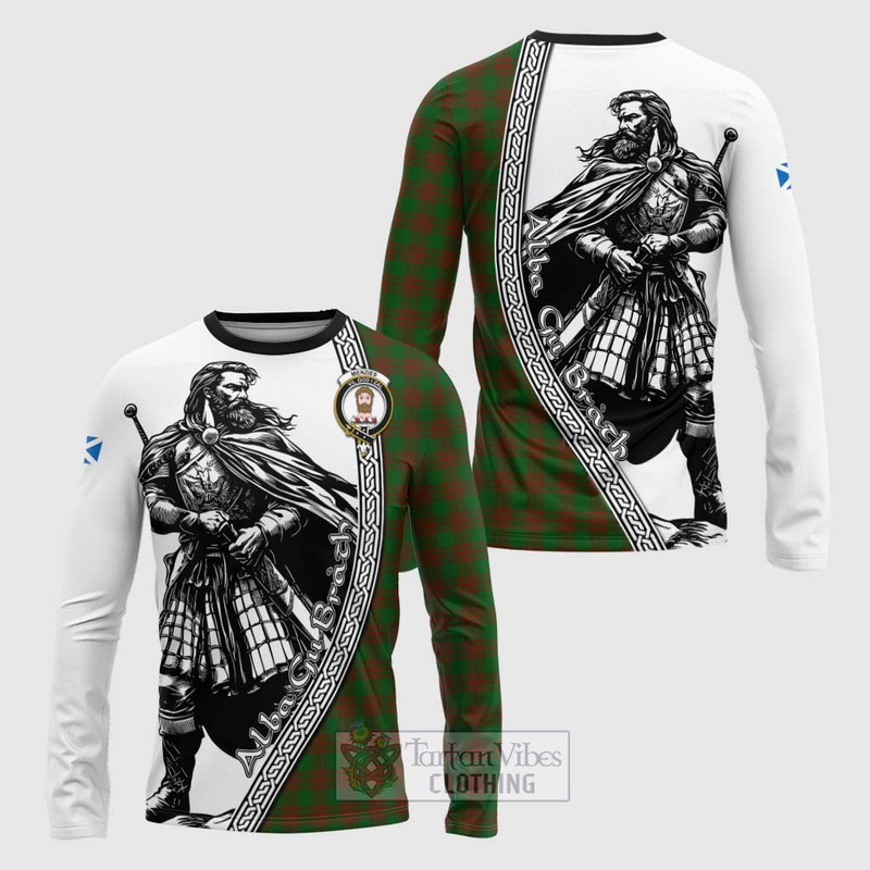 Menzies Tartan Clan Crest Long Sleeve T-Shirt with Highlander Warrior Celtic Style