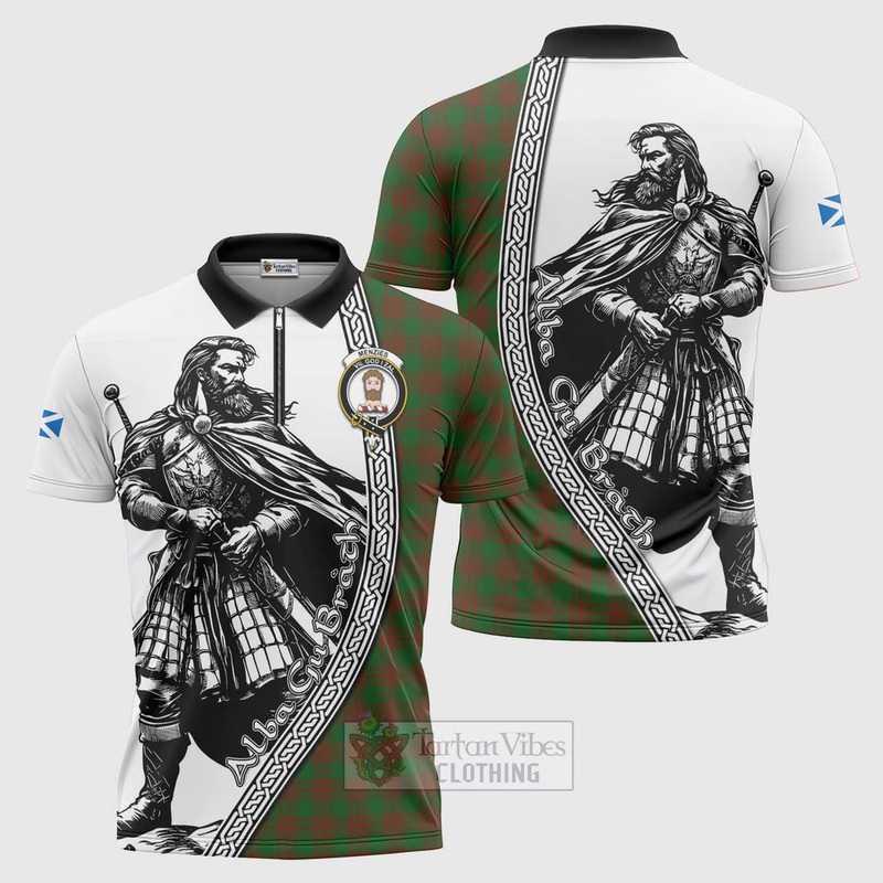 Menzies Tartan Clan Crest Zipper Polo Shirt with Highlander Warrior Celtic Style