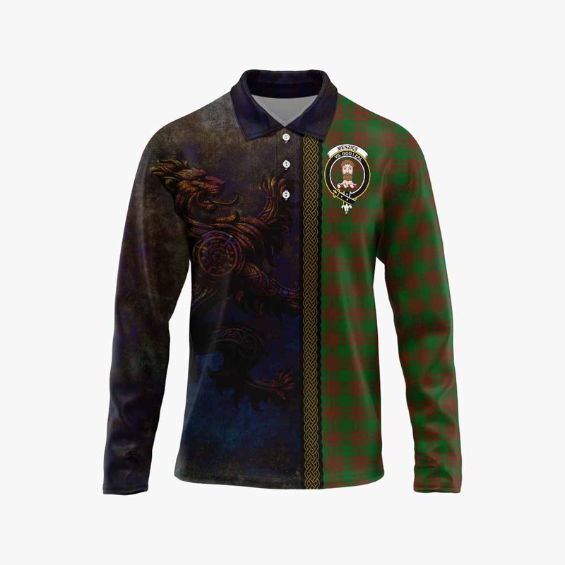 Menzies Tartan Family Crest Long Sleeve Polo Shirt Alba Gu Brath Be Brave Lion Ancient Style