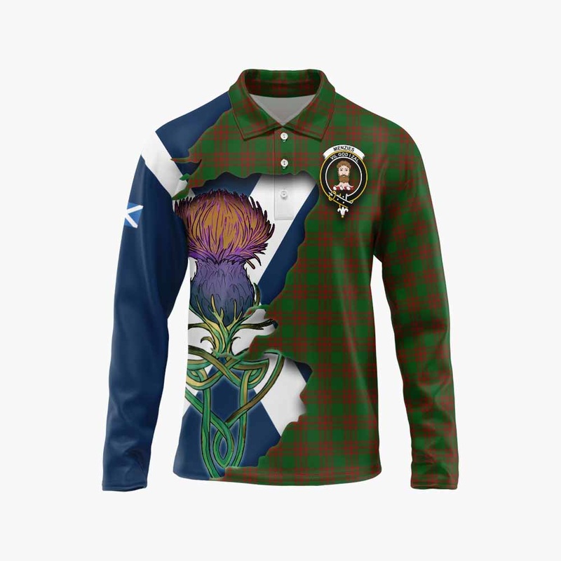 Menzies Tartan Family Crest Long Sleeve Polo Shirt Scottish Thistle Celtic Inspired