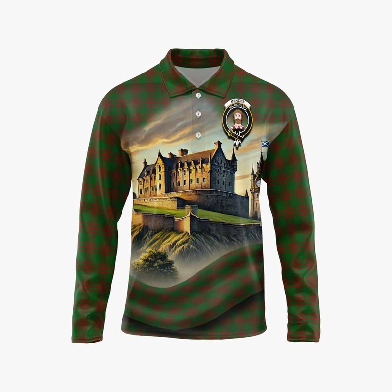 Menzies Tartan Family Crest Long Sleeve Polo Shirt with Scottish Ancient Castle Style
