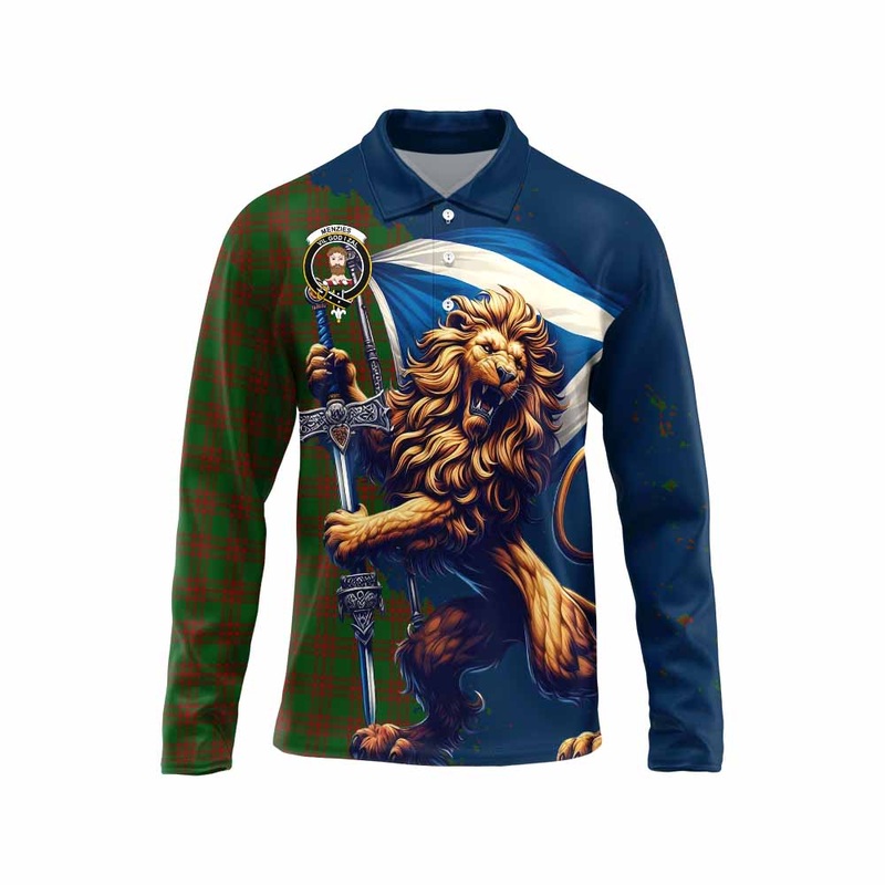 Menzies Tartan Family Crest Long Sleeve Polo Shirt with Scottish Majestic Lion
