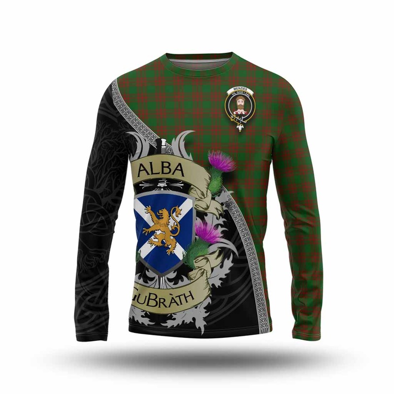 Menzies Tartan Family Crest Long Sleeve T-Shirt Lion Rampant Royal Thistle Shield Celtic Inspired