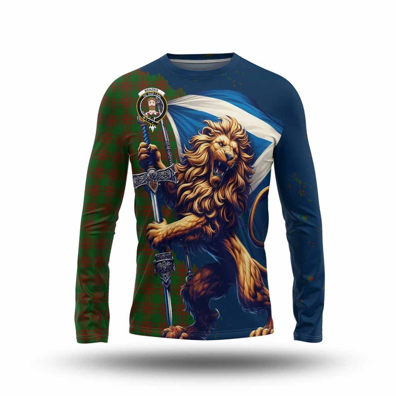 Menzies Tartan Family Crest Long Sleeve T-Shirt with Scottish Majestic Lion