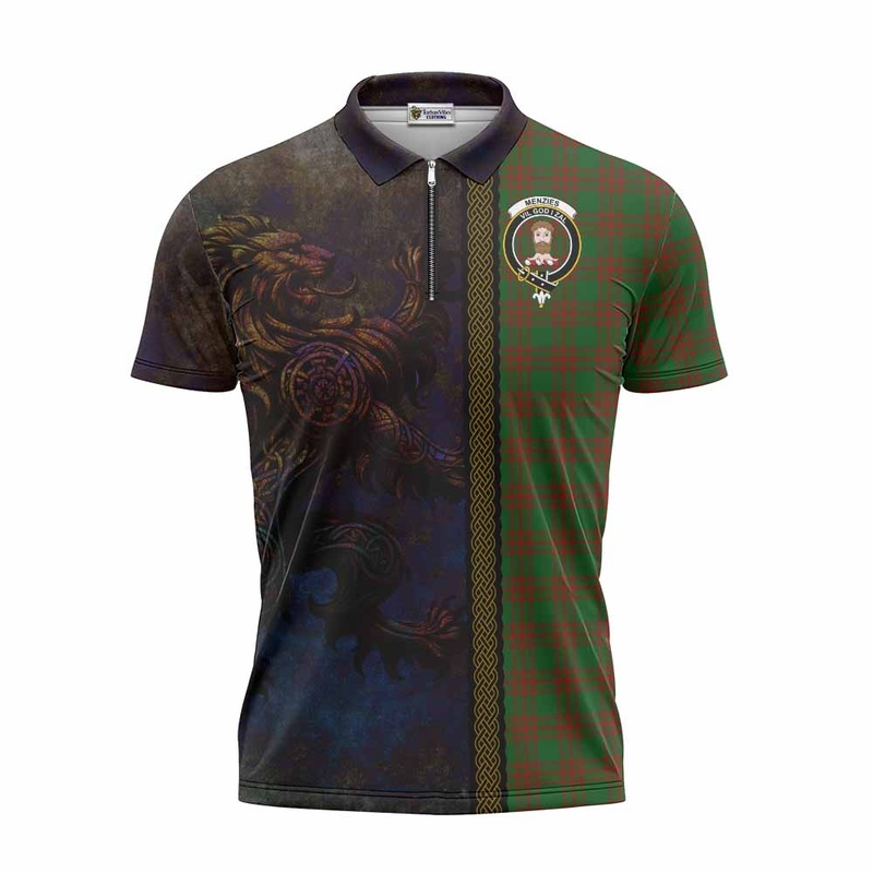Menzies Tartan Family Crest Zipper Polo Shirt Alba Gu Brath Be Brave Lion Ancient Style