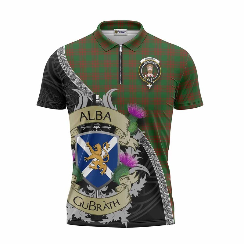 Menzies Tartan Family Crest Zipper Polo Shirt Lion Rampant Royal Thistle Shield Celtic Inspired