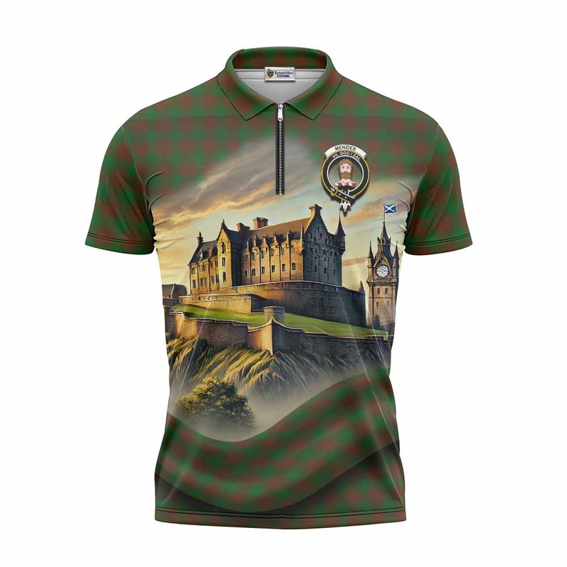 Menzies Tartan Family Crest Zipper Polo Shirt with Scottish Ancient Castle Style