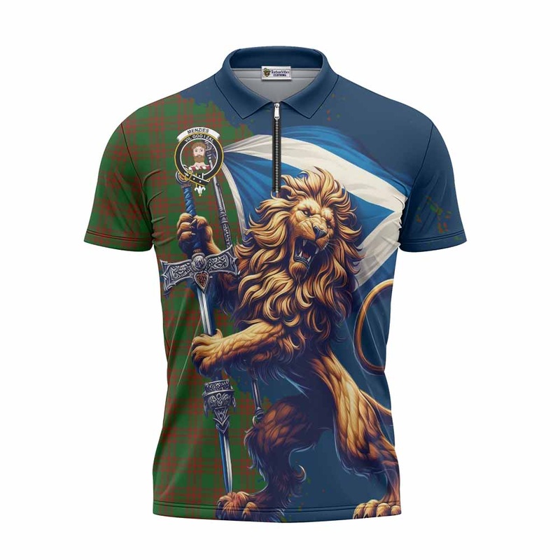 Menzies Tartan Family Crest Zipper Polo Shirt with Scottish Majestic Lion