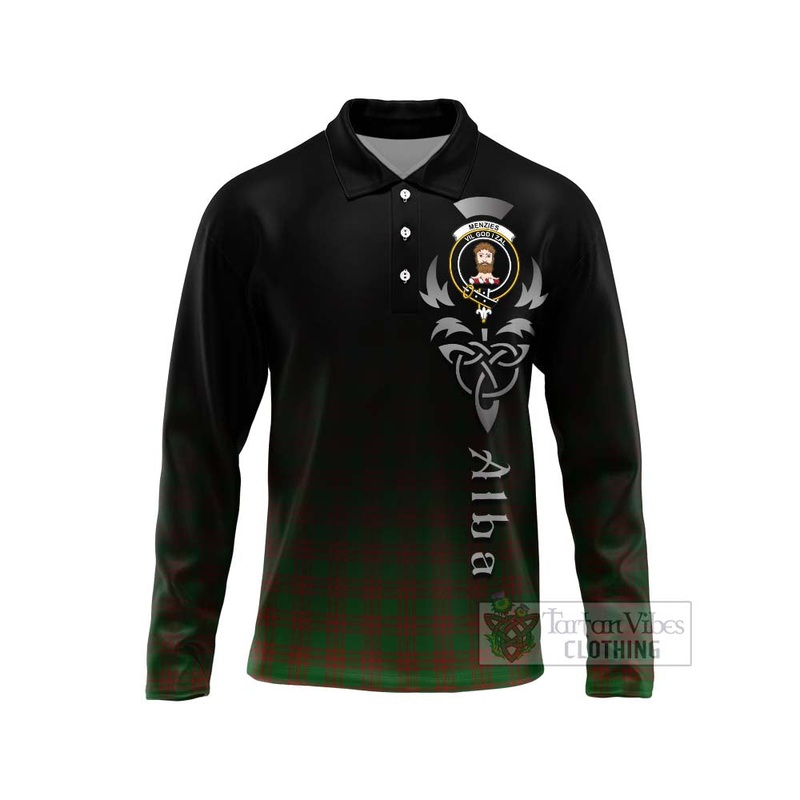 Menzies Tartan Long Sleeve Polo Shirt Featuring Alba Gu Brath Family Crest Celtic Inspired
