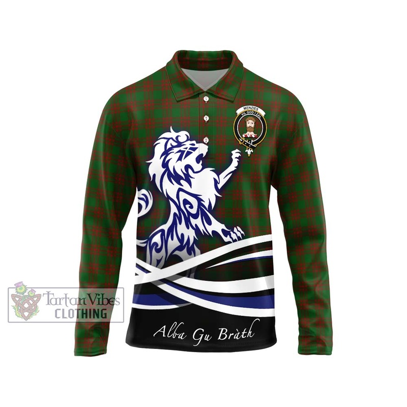 Menzies Tartan Long Sleeve Polo Shirt with Alba Gu Brath Regal Lion Emblem