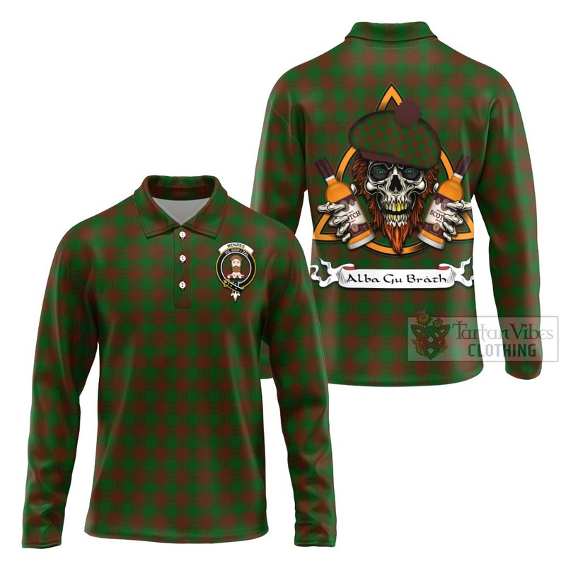 Menzies Tartan Long Sleeve Polo Shirt with Family Crest and Bearded Skull Holding Bottles of Whiskey