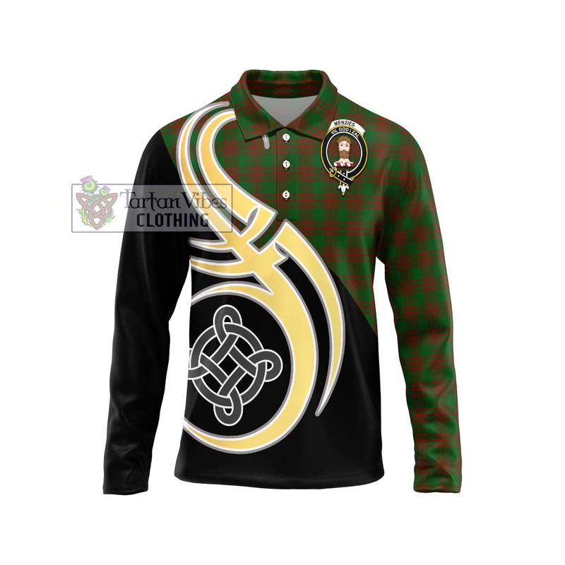 Menzies Tartan Long Sleeve Polo Shirt with Family Crest and Celtic Symbol Style
