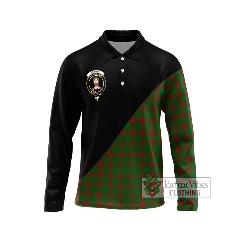 Menzies Tartan Long Sleeve Polo Shirt with Family Crest and Military Logo Style