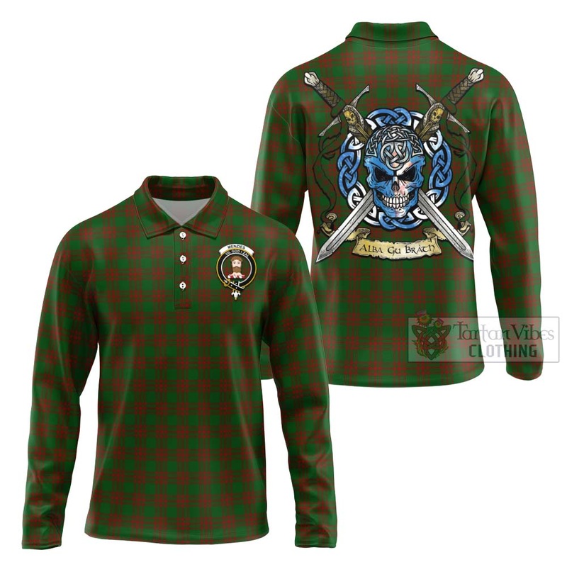 Menzies Tartan Long Sleeve Polo Shirt with Family Crest Celtic Skull Style