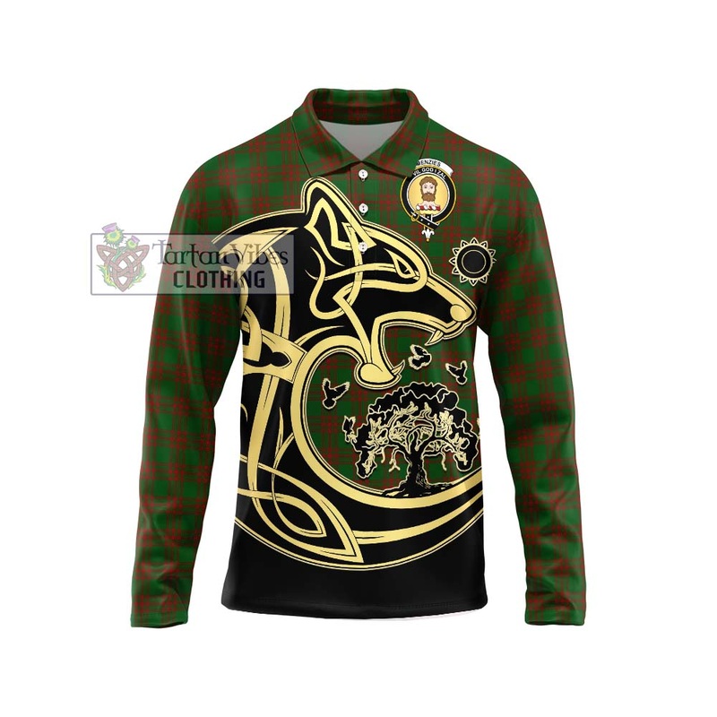 Menzies Tartan Long Sleeve Polo Shirt with Family Crest Celtic Wolf Style