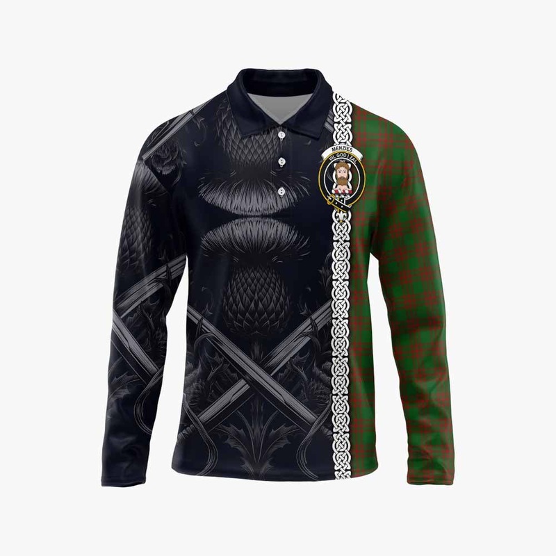Menzies Tartan Long Sleeve Polo Shirt with Family Crest Cross Sword Thistle Celtic Vibes