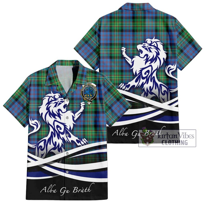 Bowie Ancient Tartan Short Sleeve Button Shirt with Alba Gu Brath Regal Lion Emblem
