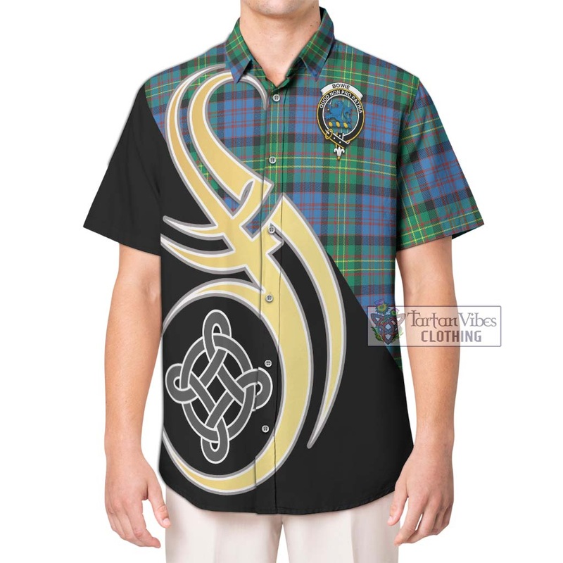 Bowie Ancient Tartan Short Sleeve Button Shirt with Family Crest and Celtic Symbol Style